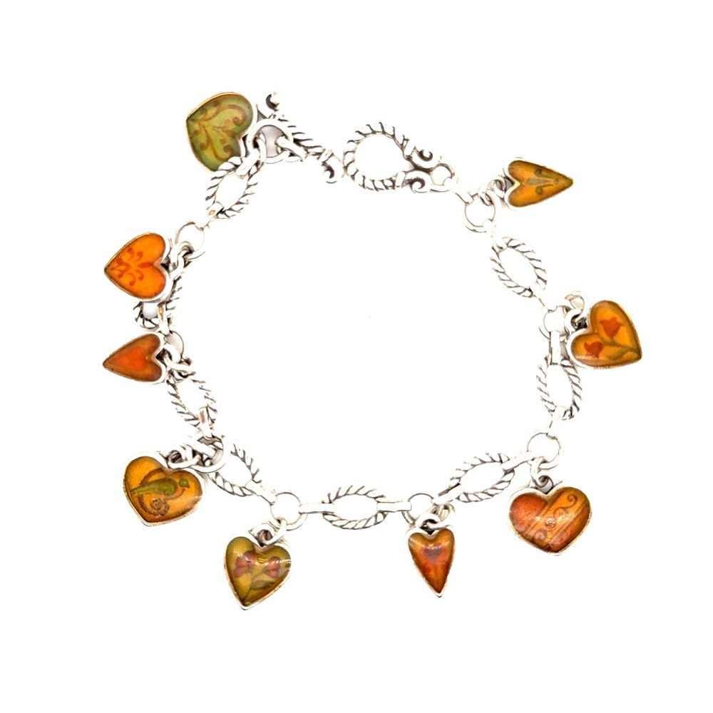 Brighton Silver Tone Heart Charm Bracelet Orange Yellow Enamel 8 Inch Toggle
